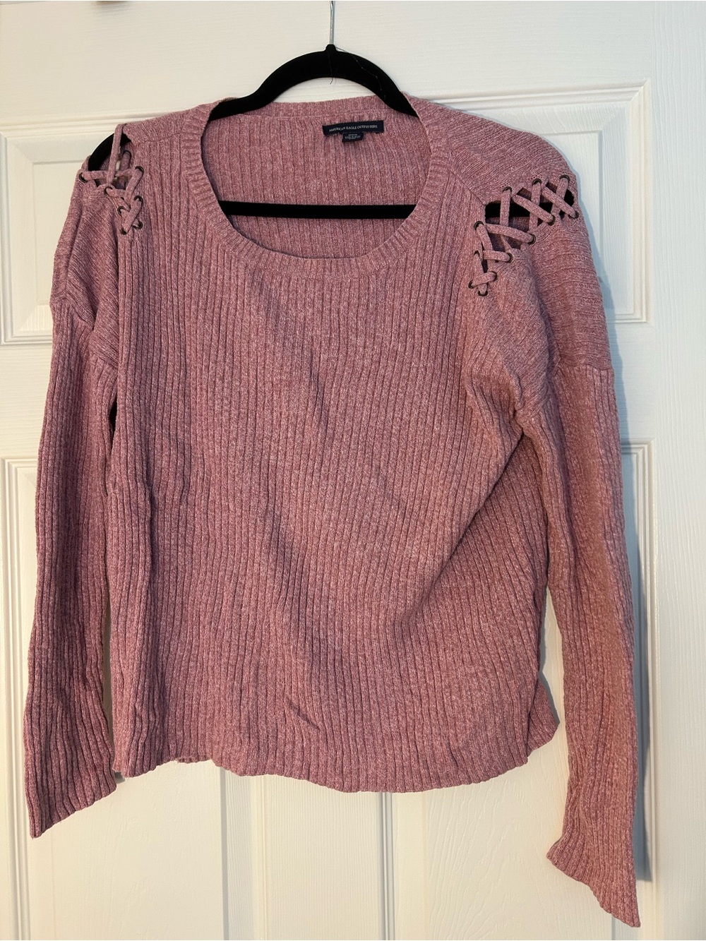 American Eagle Outfitters Ribbed Lace-Up Shoulder Sweater - Dusty Rose